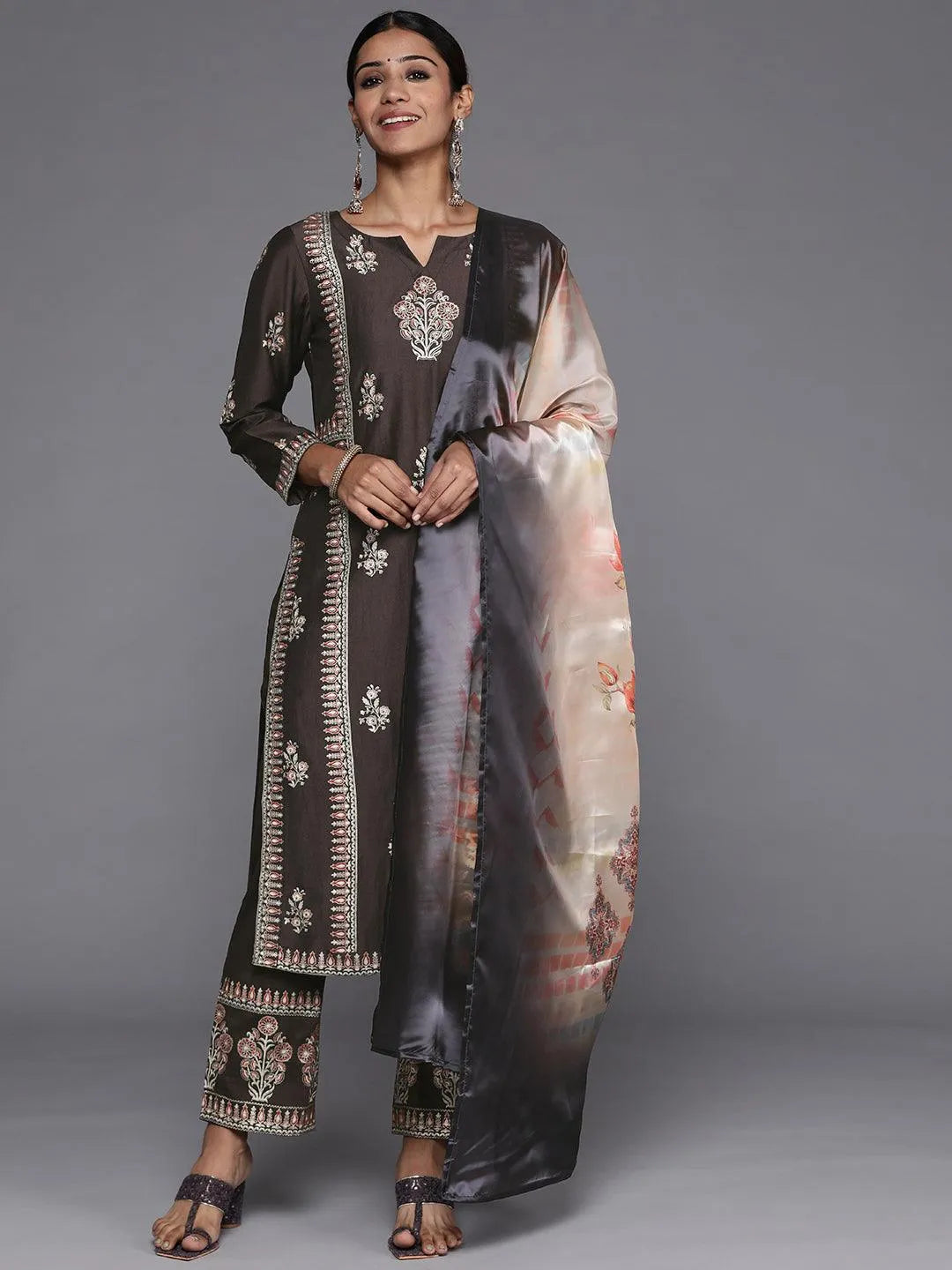 Charcoal Printed Silk Blend Straight Suit Set With Trousers - Libas 