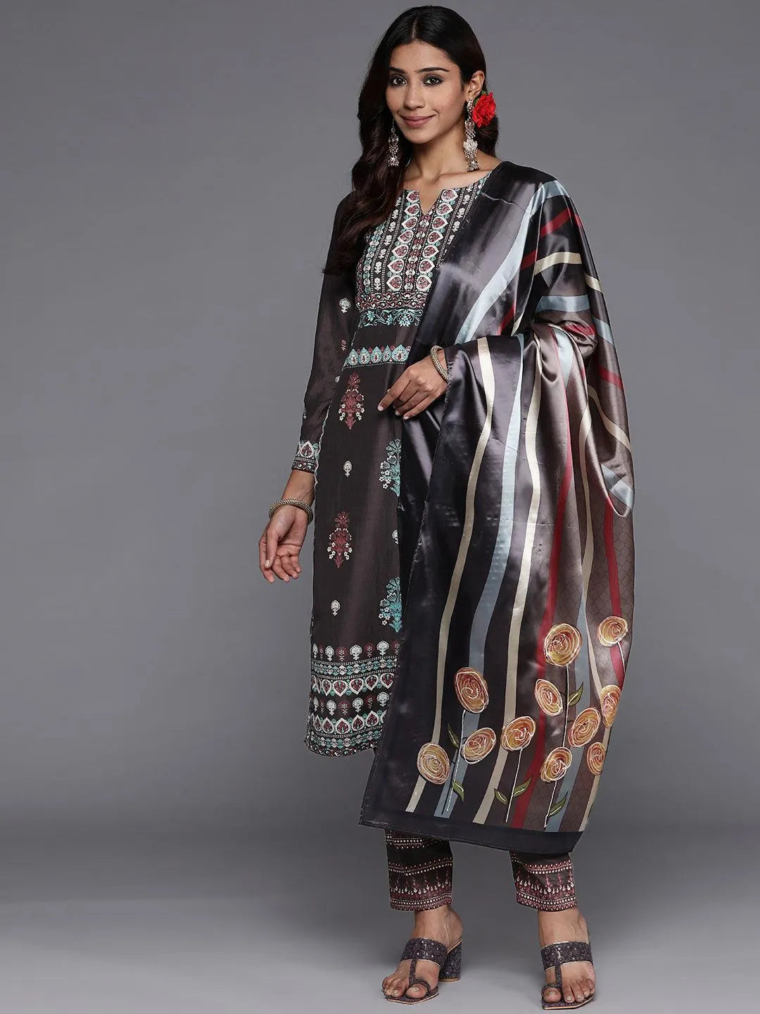 Charcoal Printed Silk Blend Straight Suit Set With Trousers - Libas 