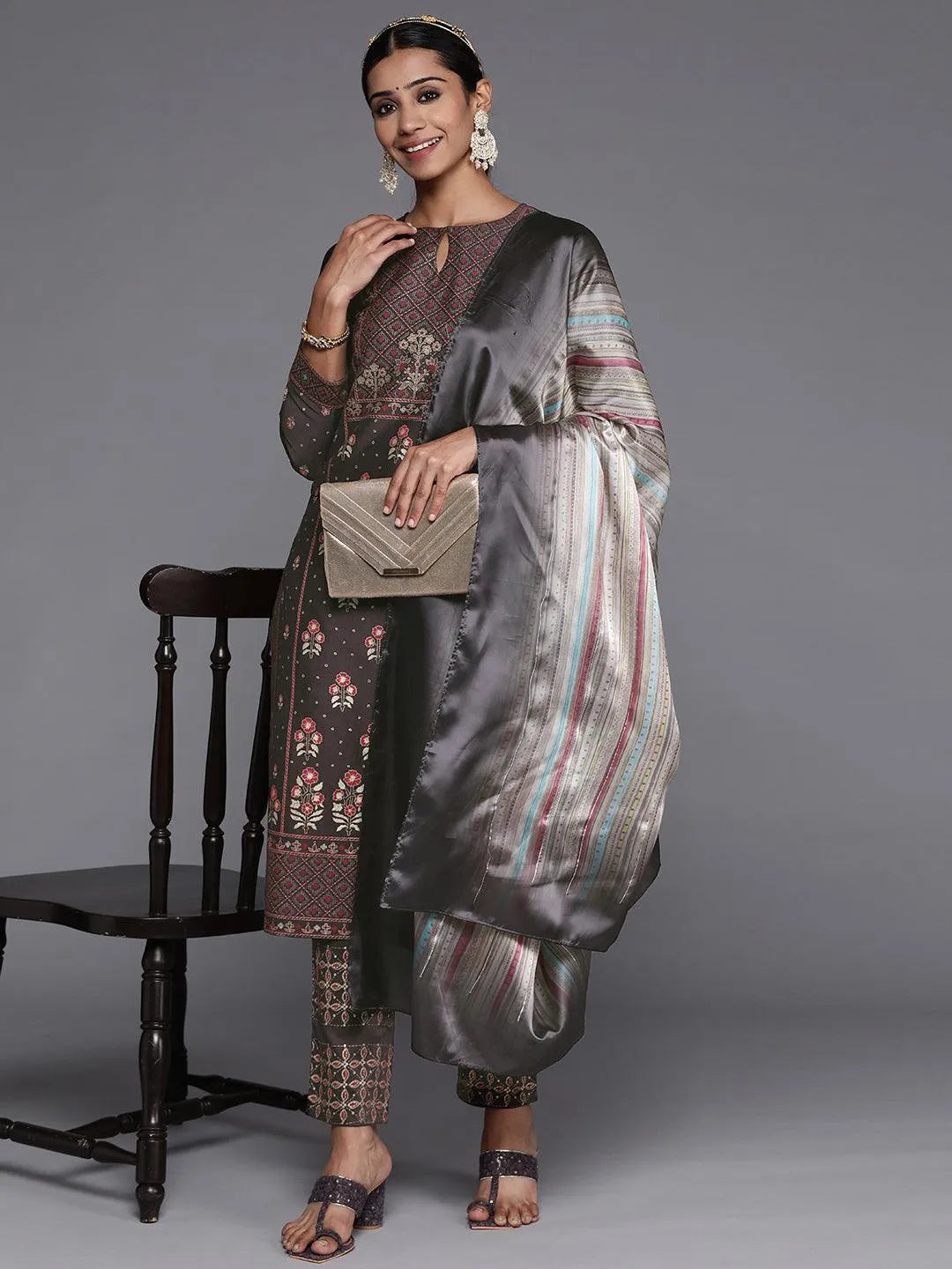 Charcoal Printed Silk Blend Straight Suit Set With Trousers - Libas 