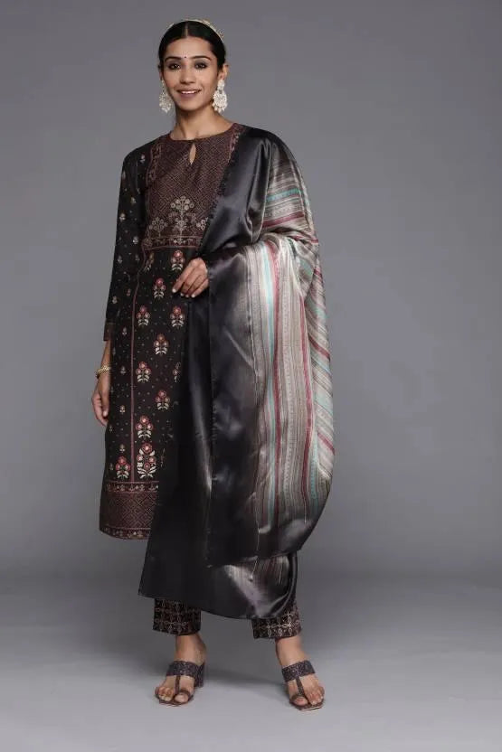 Charcoal Printed Silk Blend Straight Suit Set With Trousers - Libas