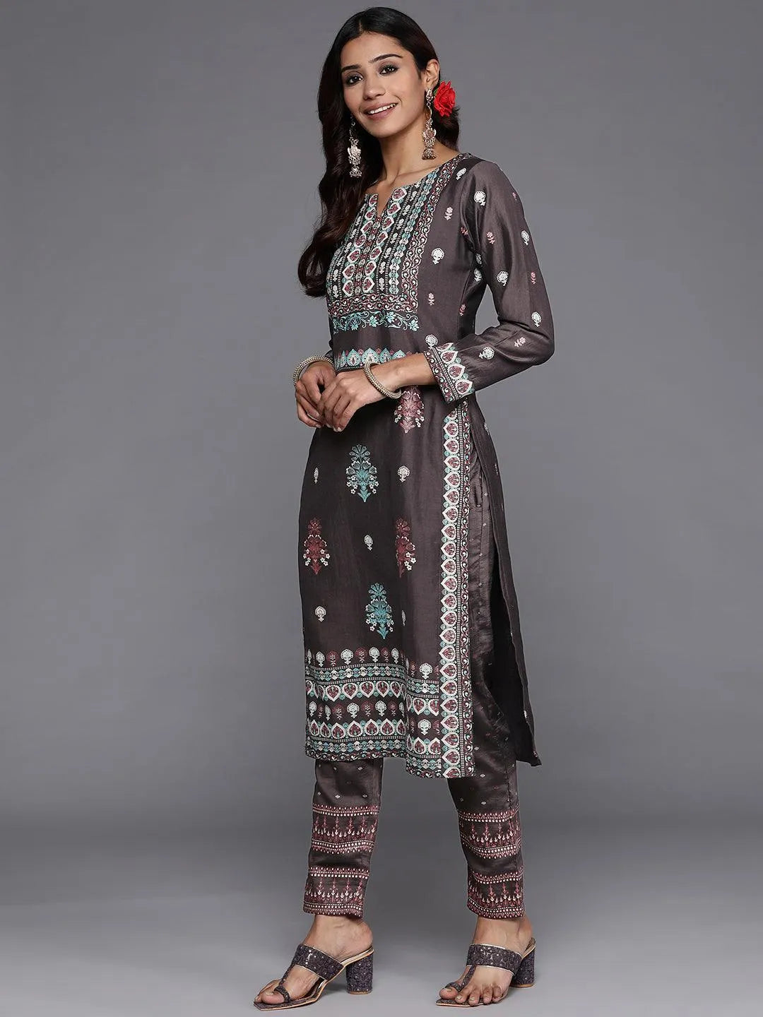 Charcoal Printed Silk Blend Straight Suit Set With Trousers - Libas 