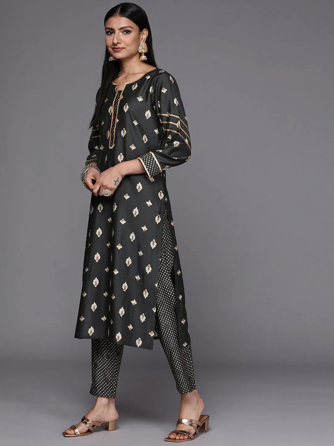 Charcoal Printed Silk Blend Straight Suit Set - Libas 