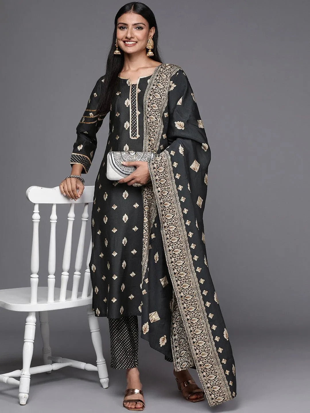 Charcoal Printed Silk Blend Straight Suit Set - Libas 