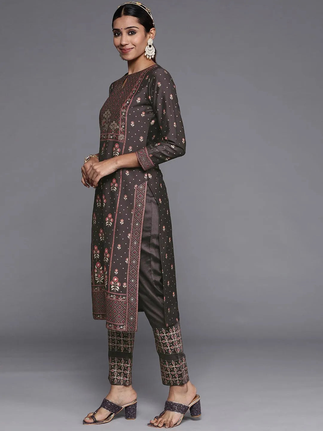 Charcoal Printed Silk Blend Straight Suit Set With Trousers - Libas 