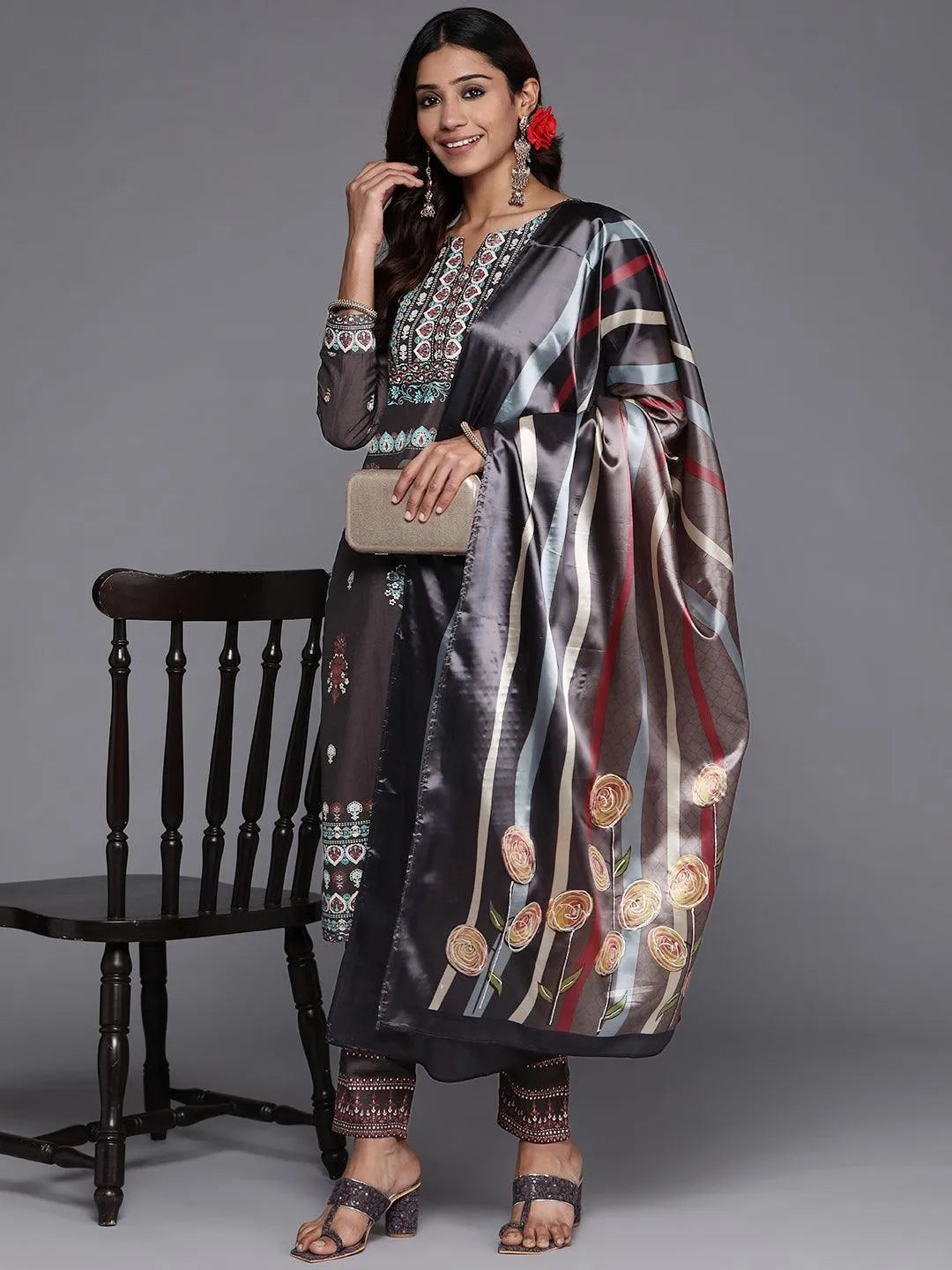 Charcoal Printed Silk Blend Straight Suit Set With Trousers - Libas