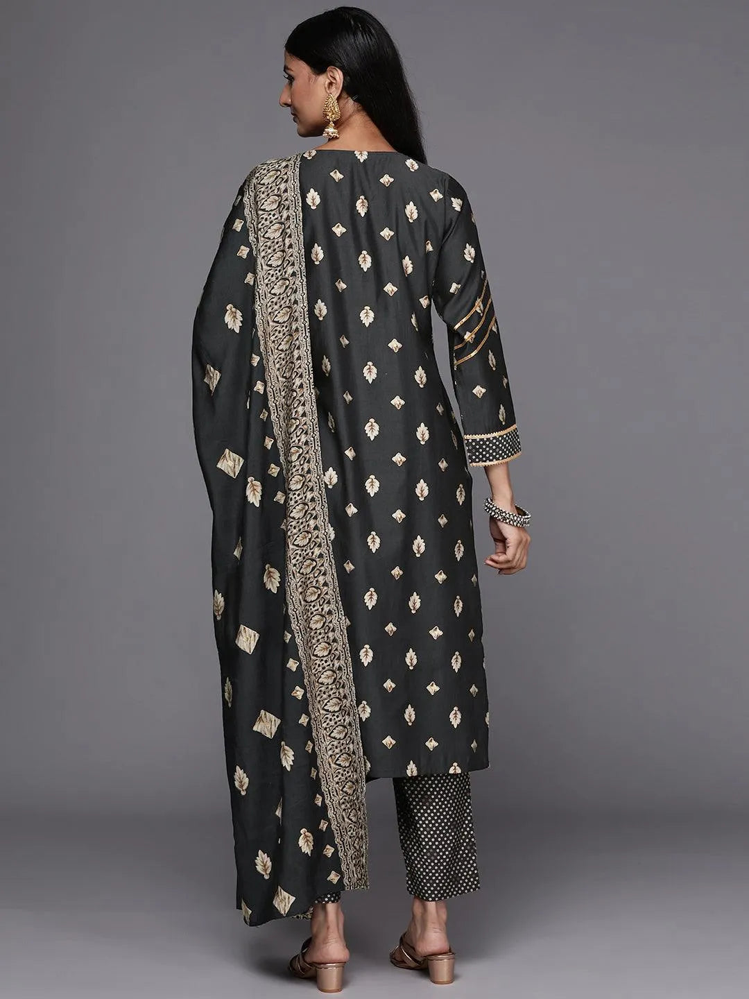 Charcoal Printed Silk Blend Straight Suit Set - Libas 