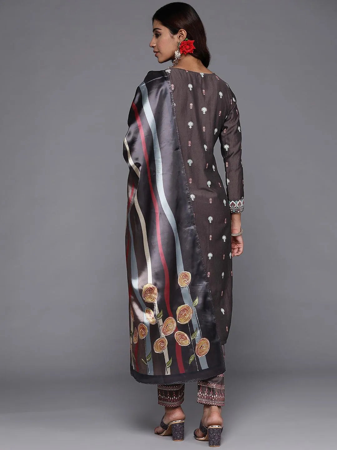 Charcoal Printed Silk Blend Straight Suit Set With Trousers - Libas 