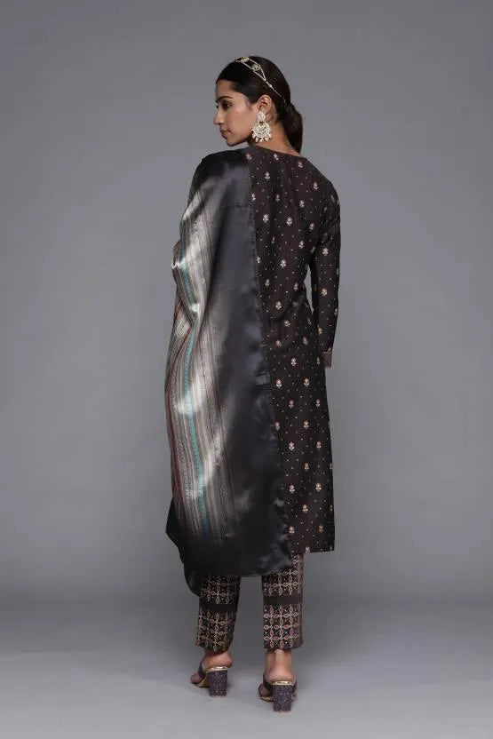 Charcoal Printed Silk Blend Straight Suit Set With Trousers - Libas 