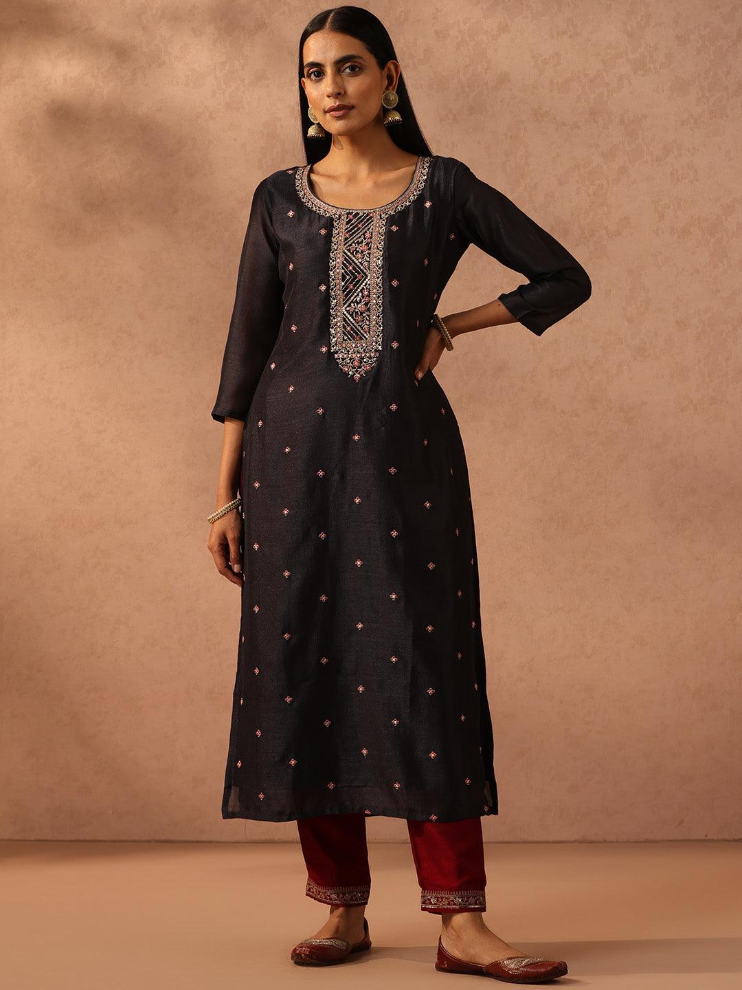 Charcoal Embellished Silk Straight Kurta - Libas