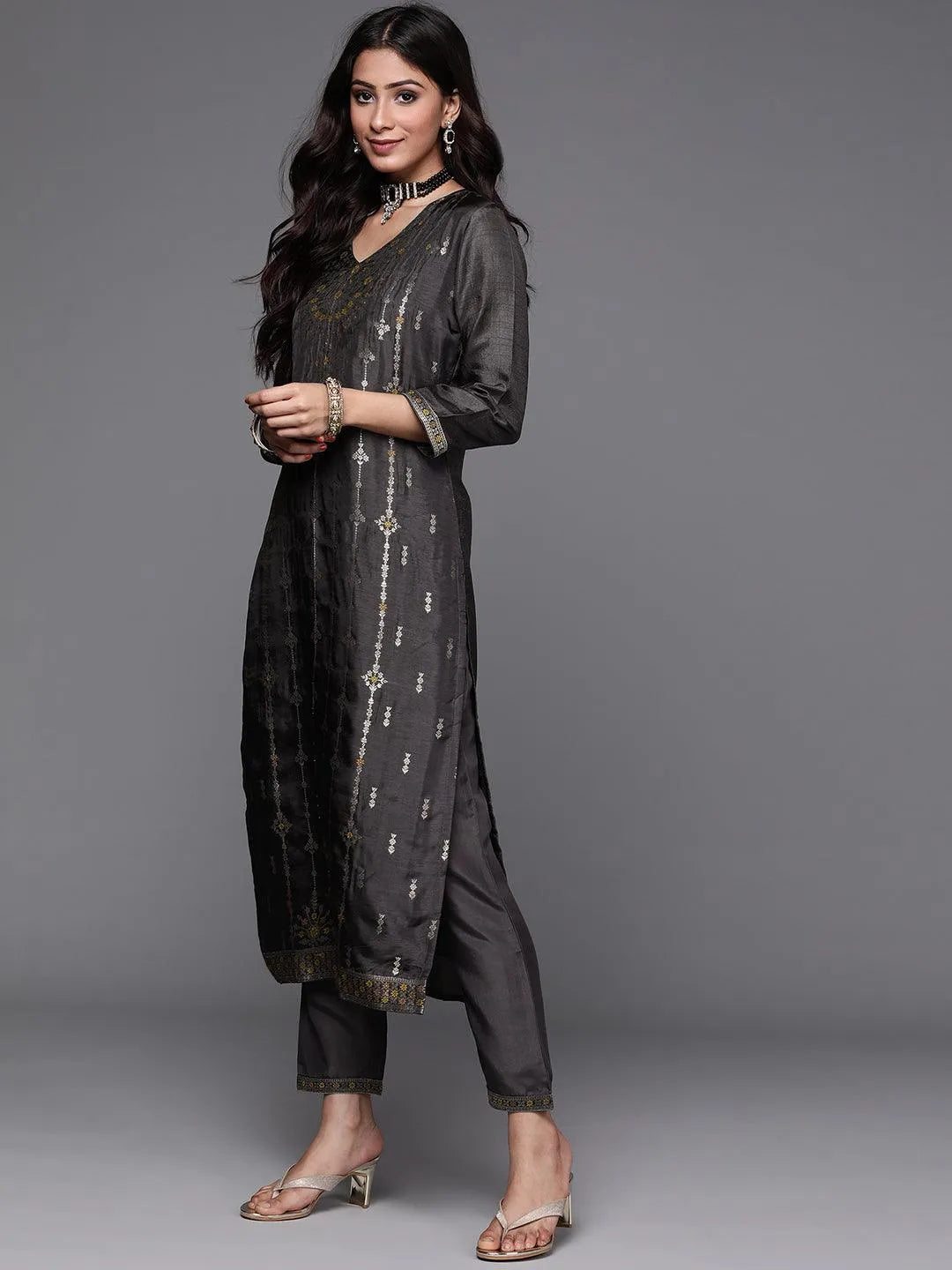 Charcoal Self Design Silk Suit Set - Libas 