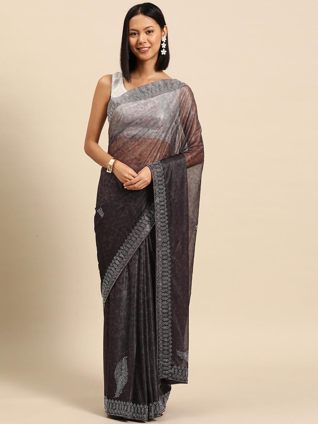 Charcoal Solid Lycra Saree - Libas