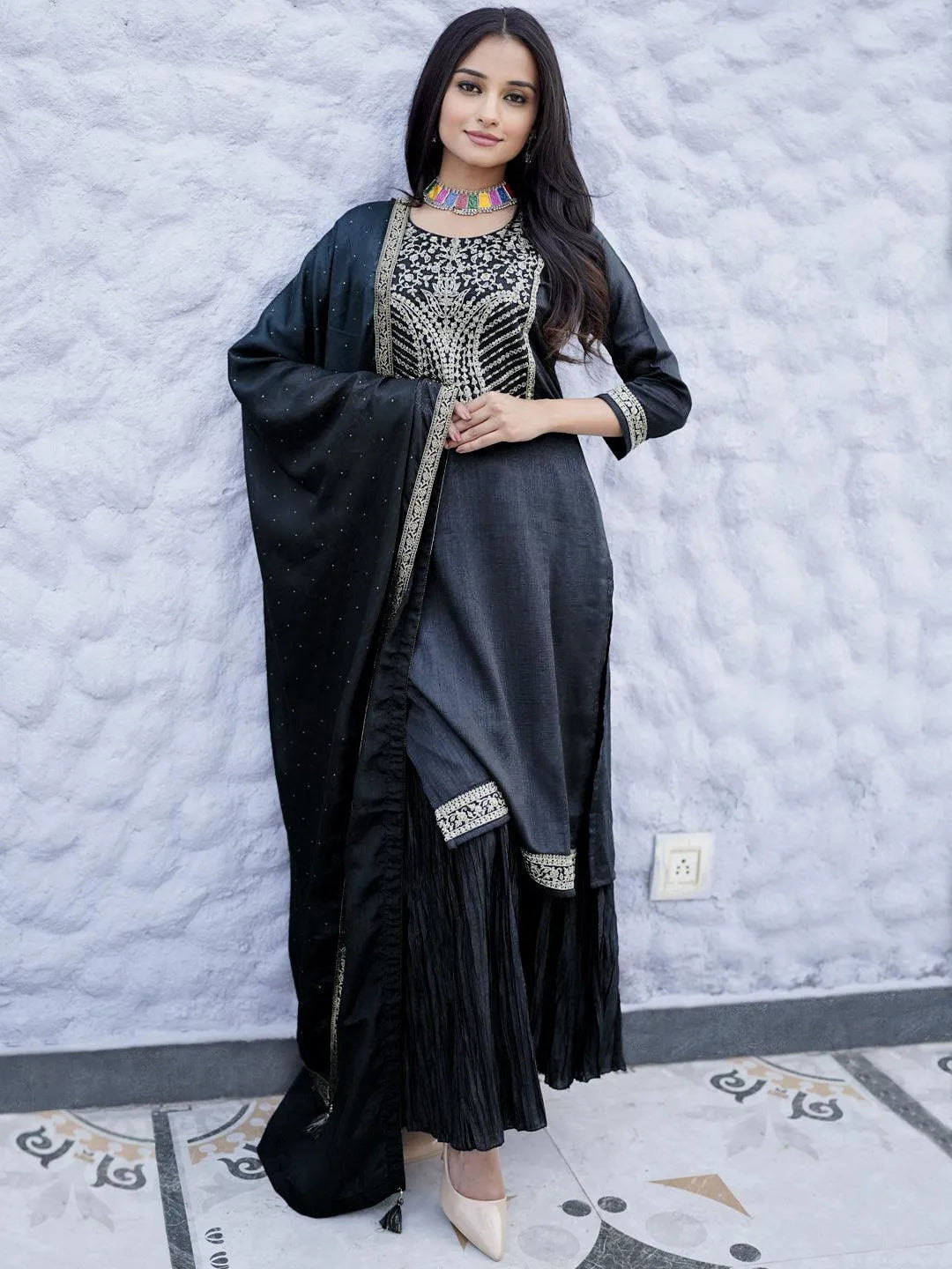 Charcoal Yoke Design Silk Blend Straight Kurta With Sharara & Dupatta - Libas 