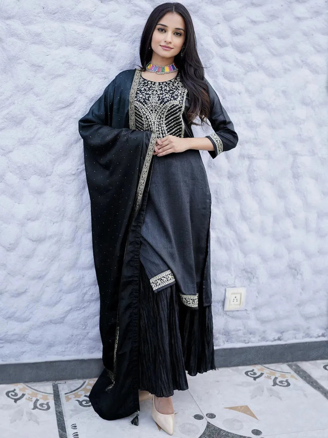 

Charcoal Yoke Design Silk Blend Straight Sharara Suit Set With Dupatta