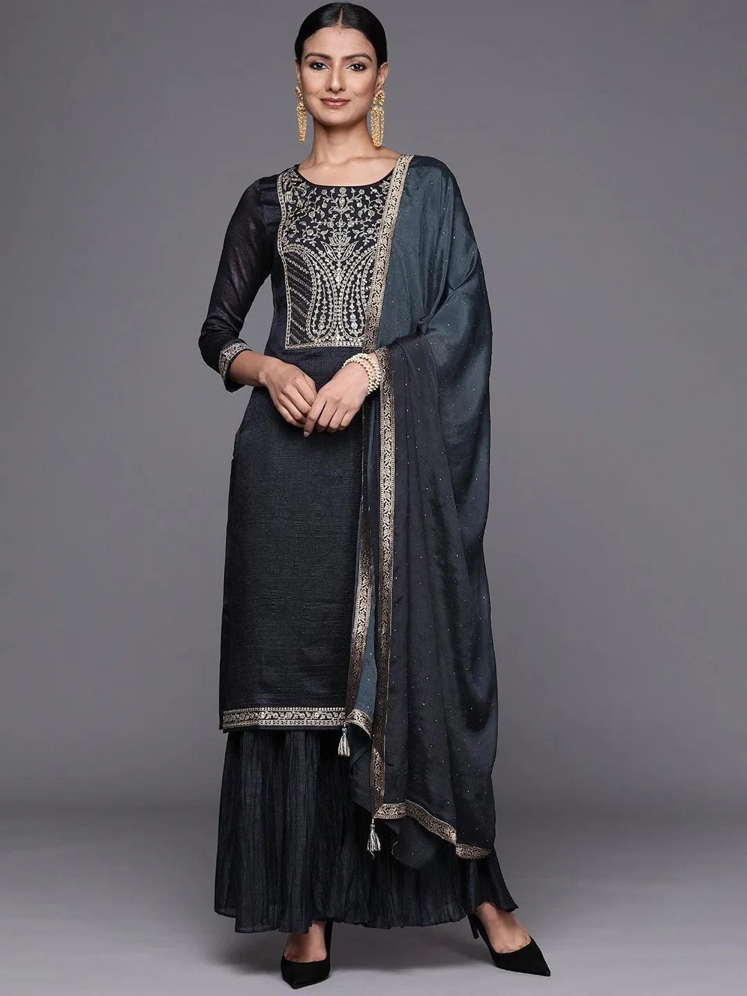 Charcoal Yoke Design Silk Blend Straight Suit Set - Libas 