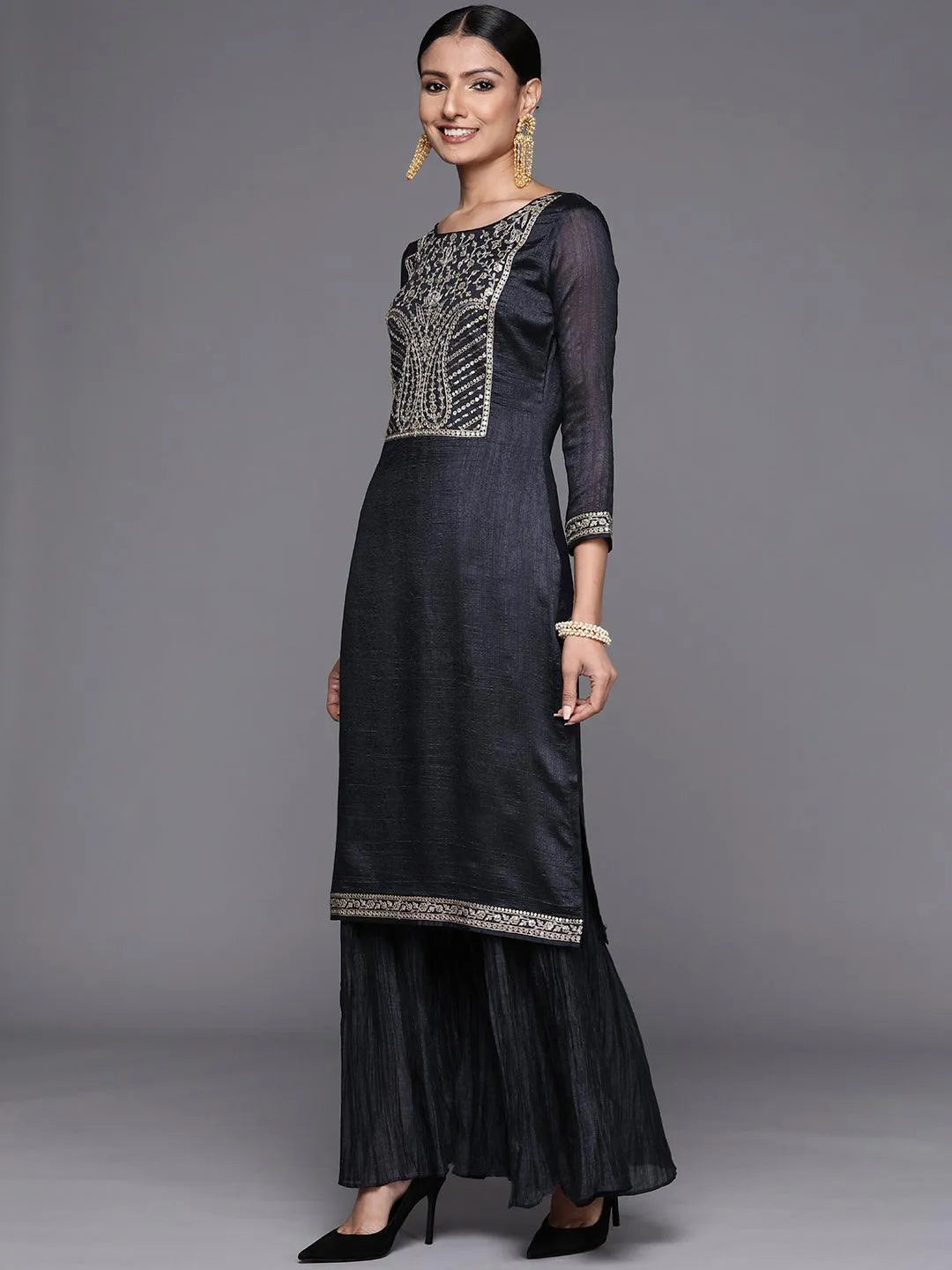 Charcoal Yoke Design Silk Blend Straight Suit Set - Libas 