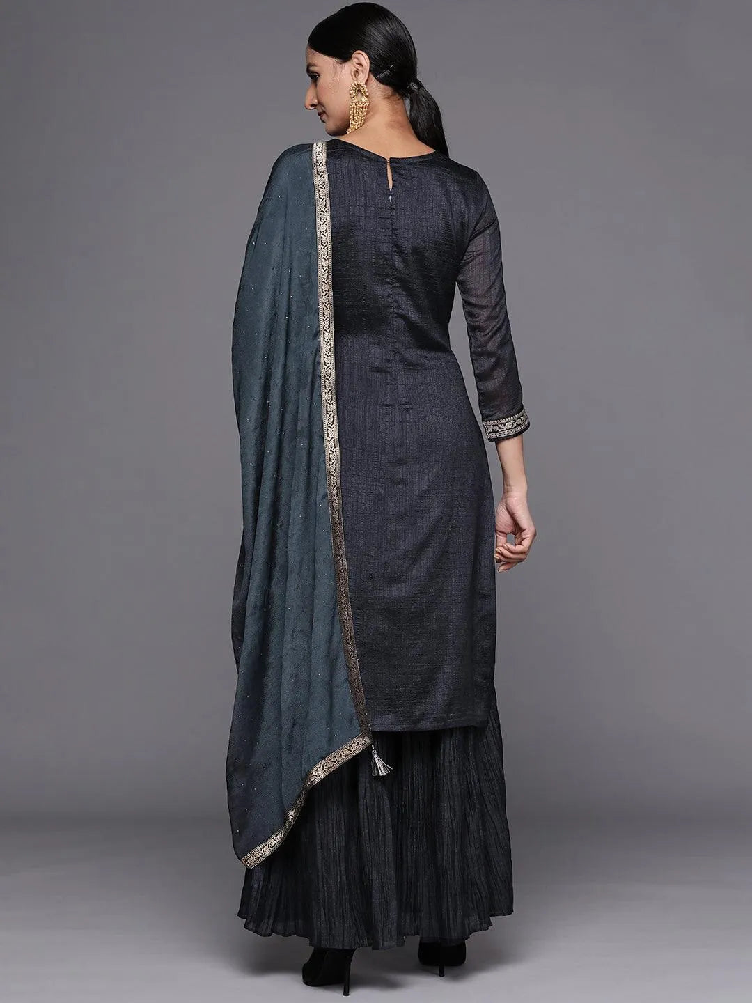 Charcoal Yoke Design Silk Blend Straight Suit Set - Libas 