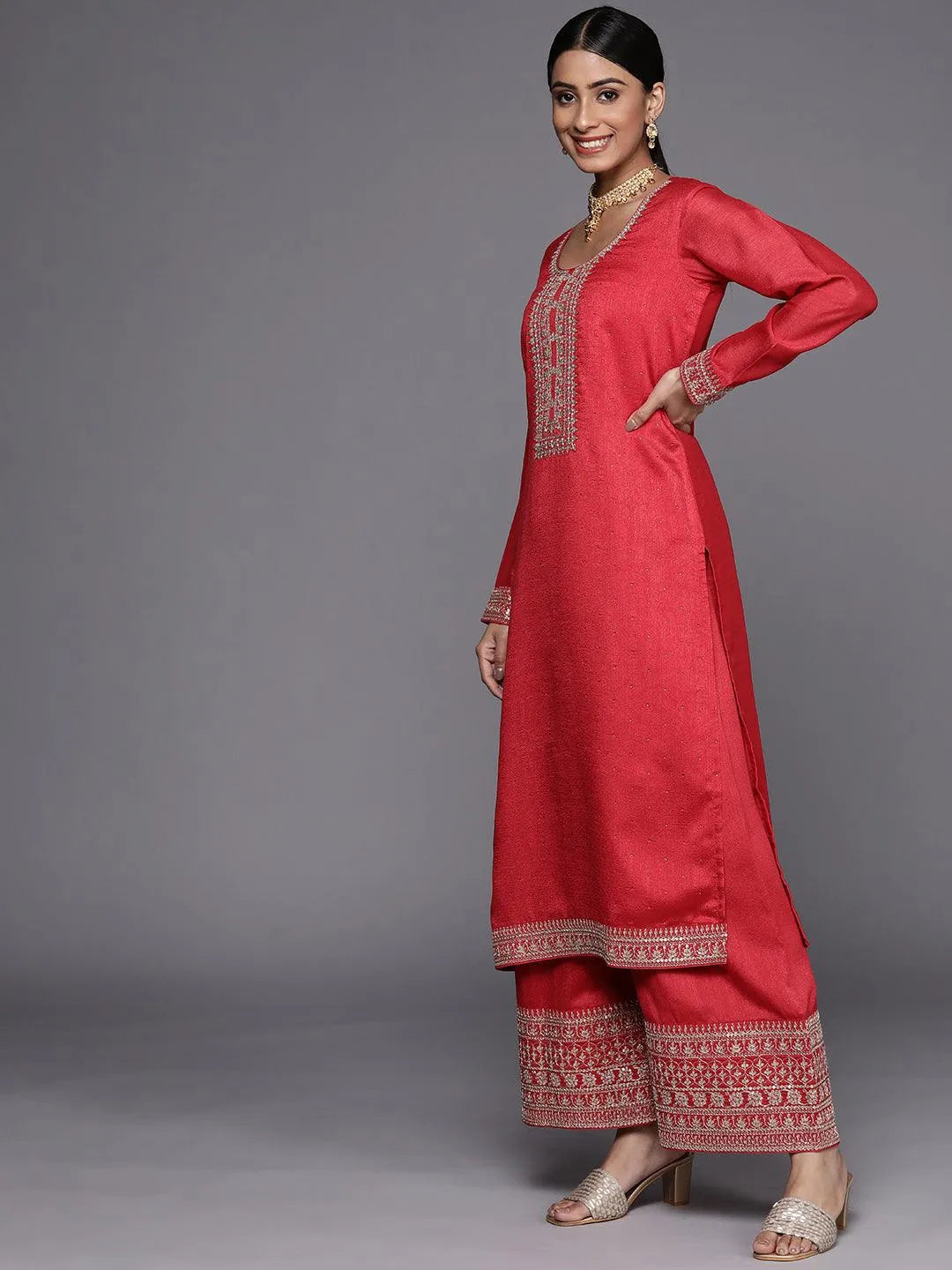 Coral Embroidered Silk Blend Straight Suit Set - Libas 