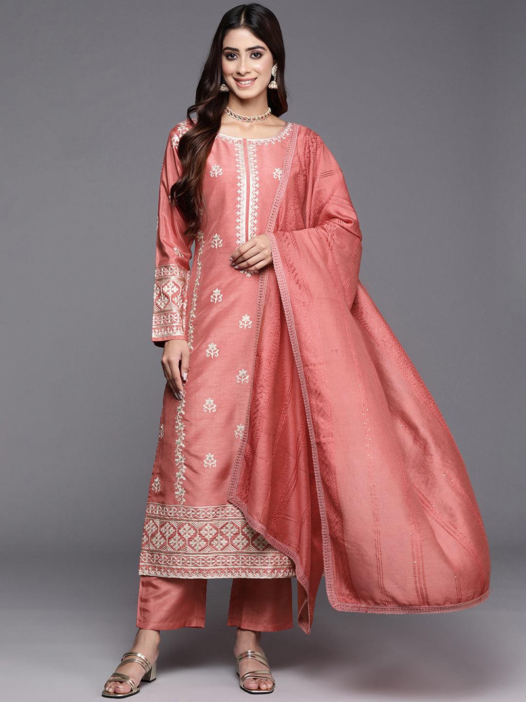 Coral Embroidered Silk Blend Straight Suit With Dupatta
