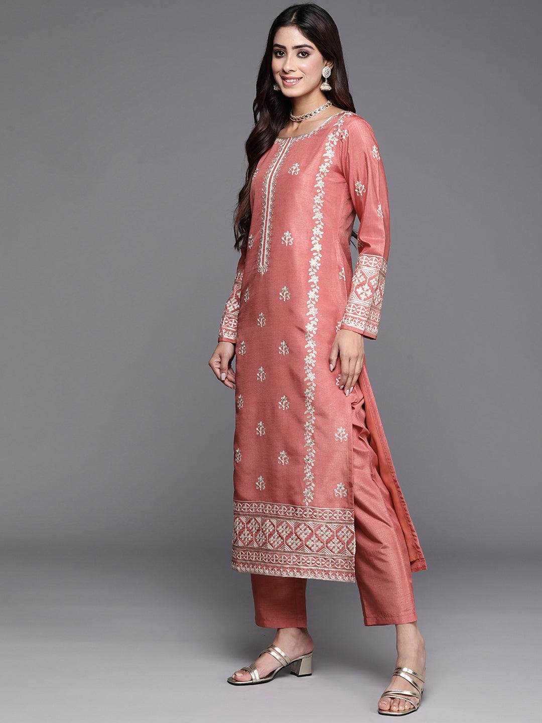 Coral Embroidered Silk Blend Straight Kurta With Trousers & Dupatta - Libas 