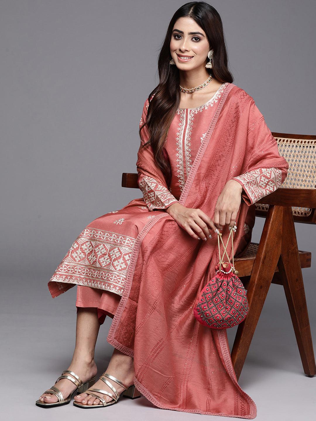 Coral Embroidered Silk Blend Straight Kurta With Trousers & Dupatta - Libas