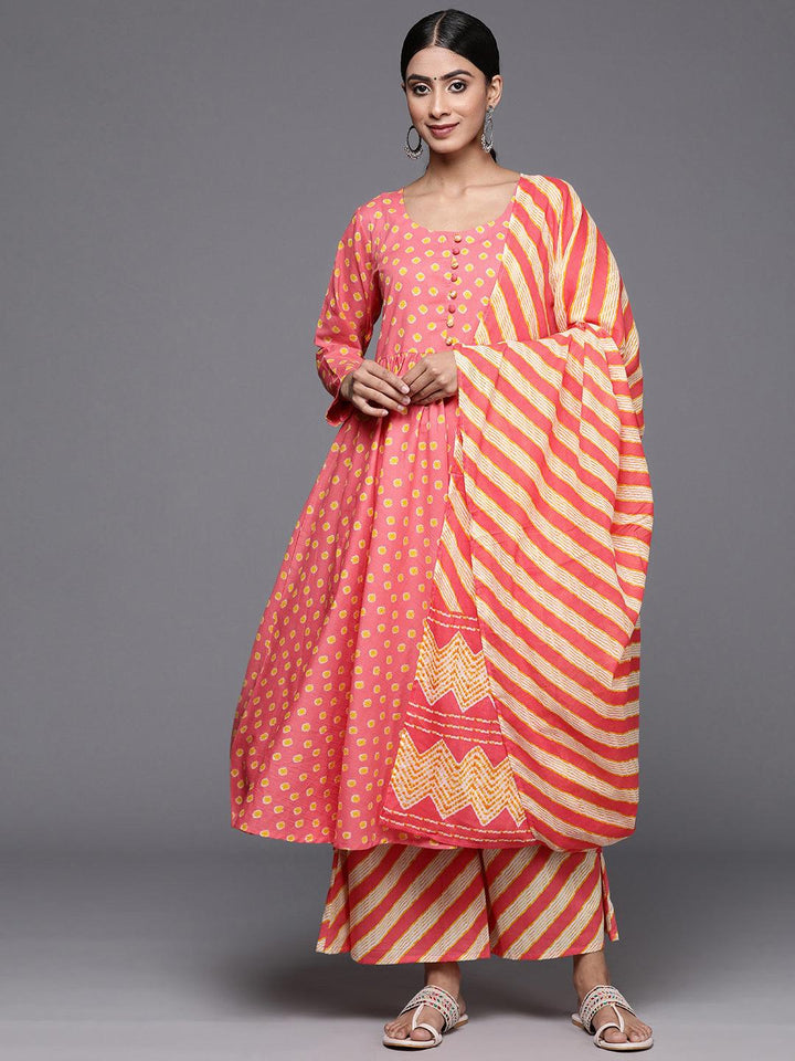 Coral Printed Cotton A-Line Kurta With Palazzos & Dupatta - Libas