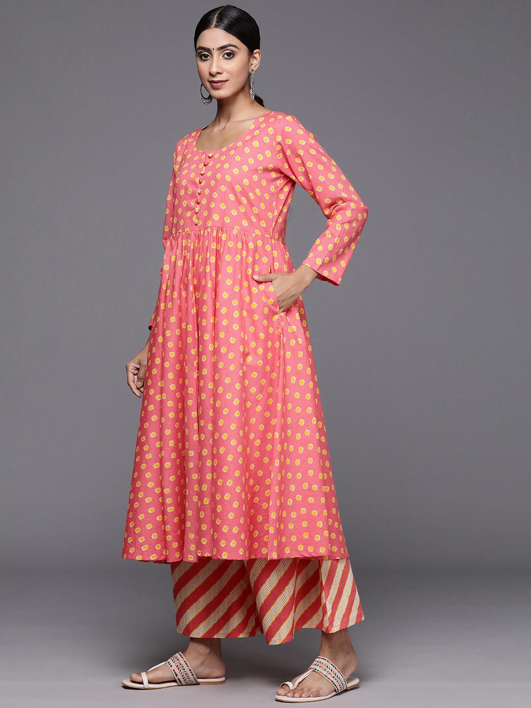 Coral Printed Cotton A-Line Kurta With Palazzos & Dupatta - Libas 