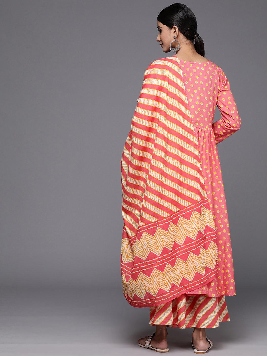 Coral Printed Cotton A-Line Kurta With Palazzos & Dupatta - Libas