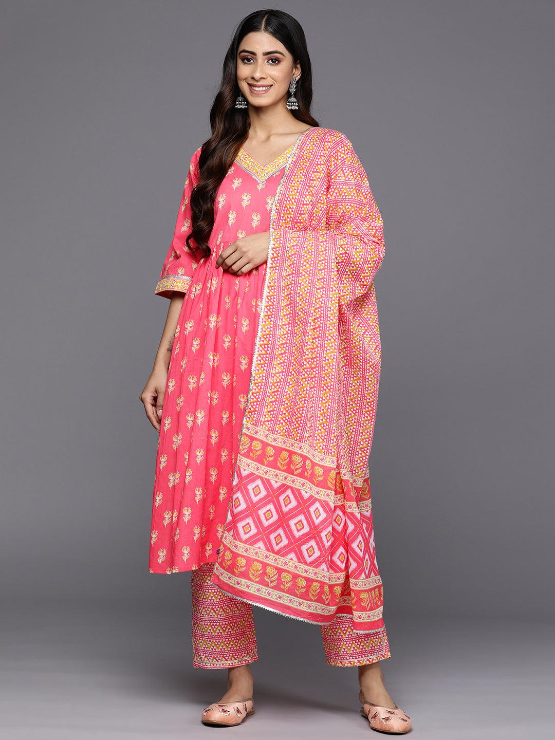 Coral Printed Cotton A-Line Suit Set With Trousers - Libas