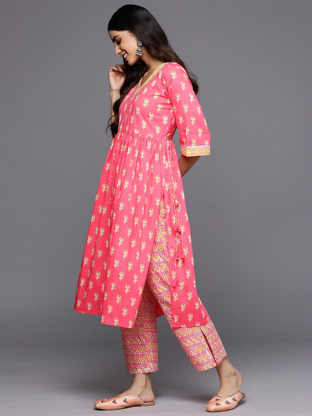 Coral Printed Cotton A-Line Suit Set With Trousers - Libas