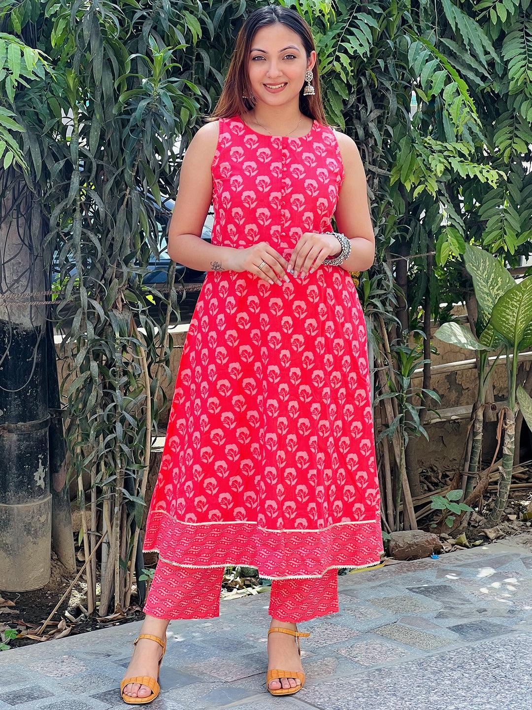 Coral Printed Cotton A-Line Kurta Set With Trousers - Libas