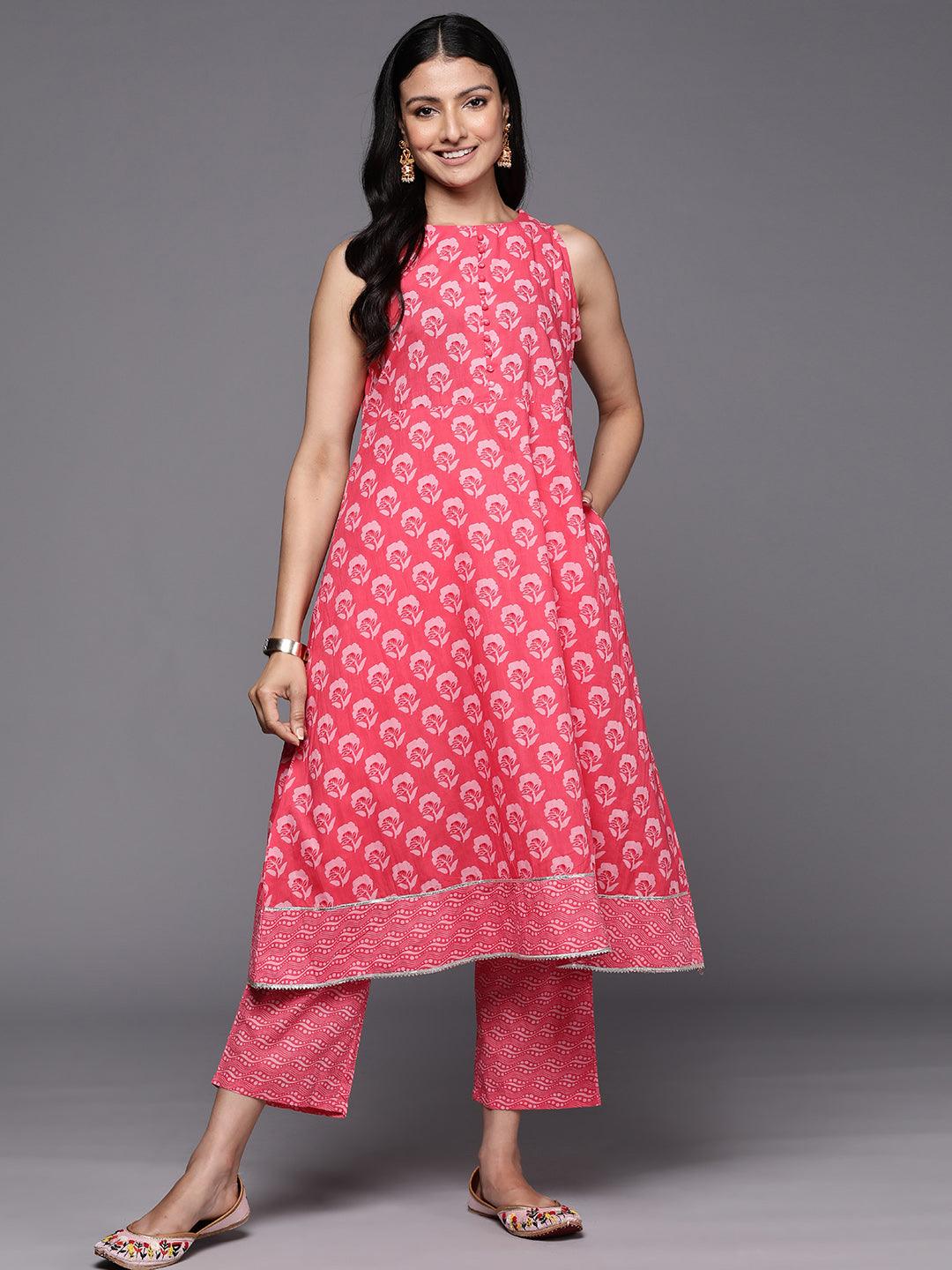 Coral Printed Cotton A-Line Kurta Set With Trousers - Libas