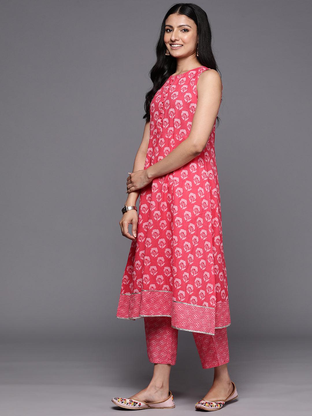 Coral Printed Cotton A-Line Kurta Set With Trousers - Libas