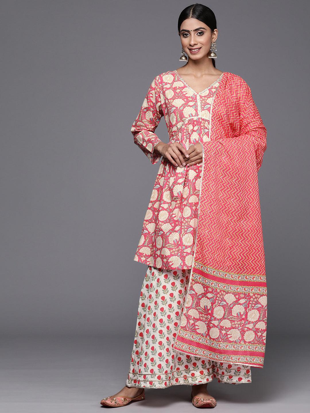 Coral Printed Cotton A-Line Kurti With Sharara & Dupatta - Libas