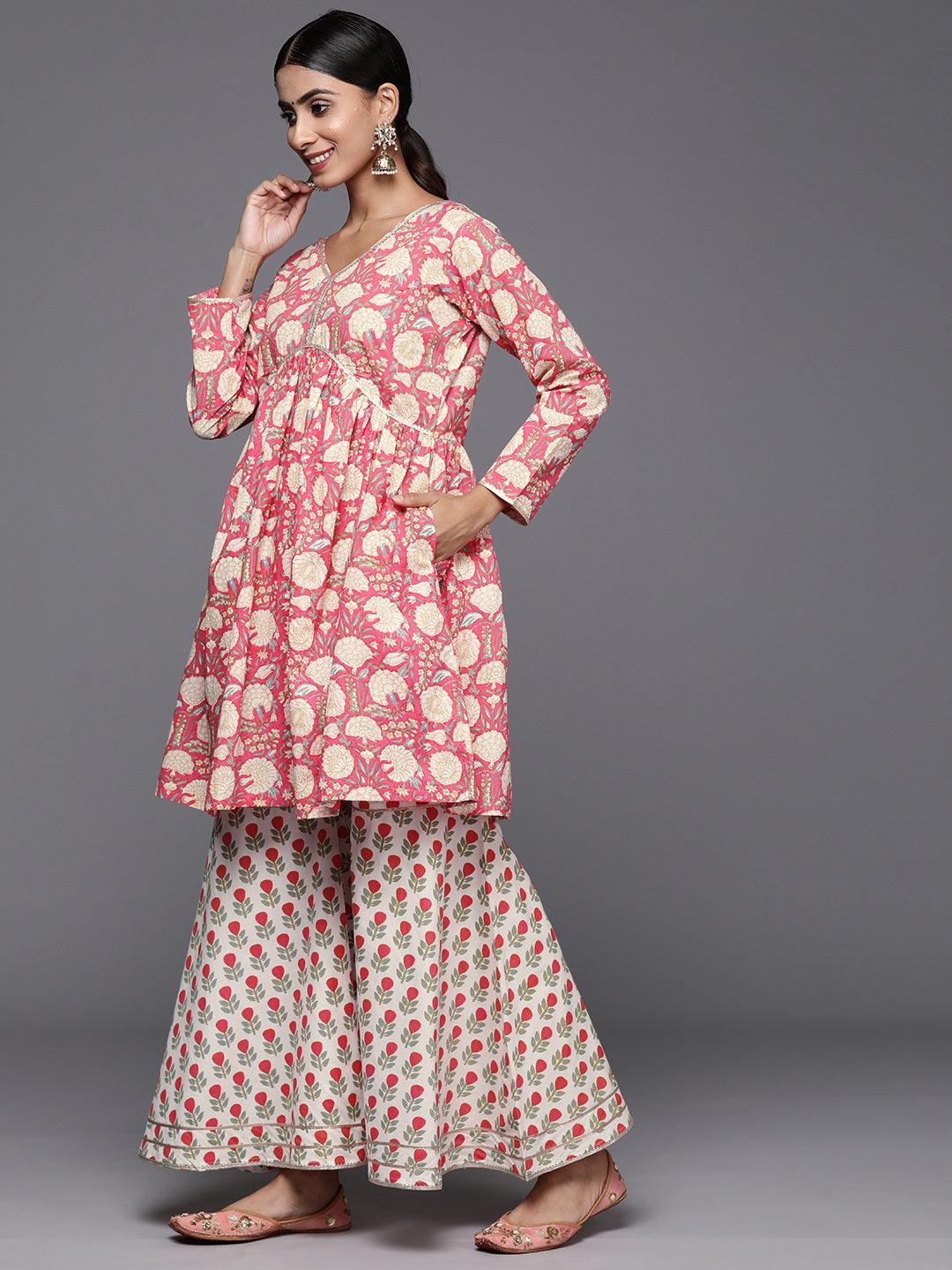 Coral Printed Cotton A-Line Kurti With Sharara & Dupatta - Libas