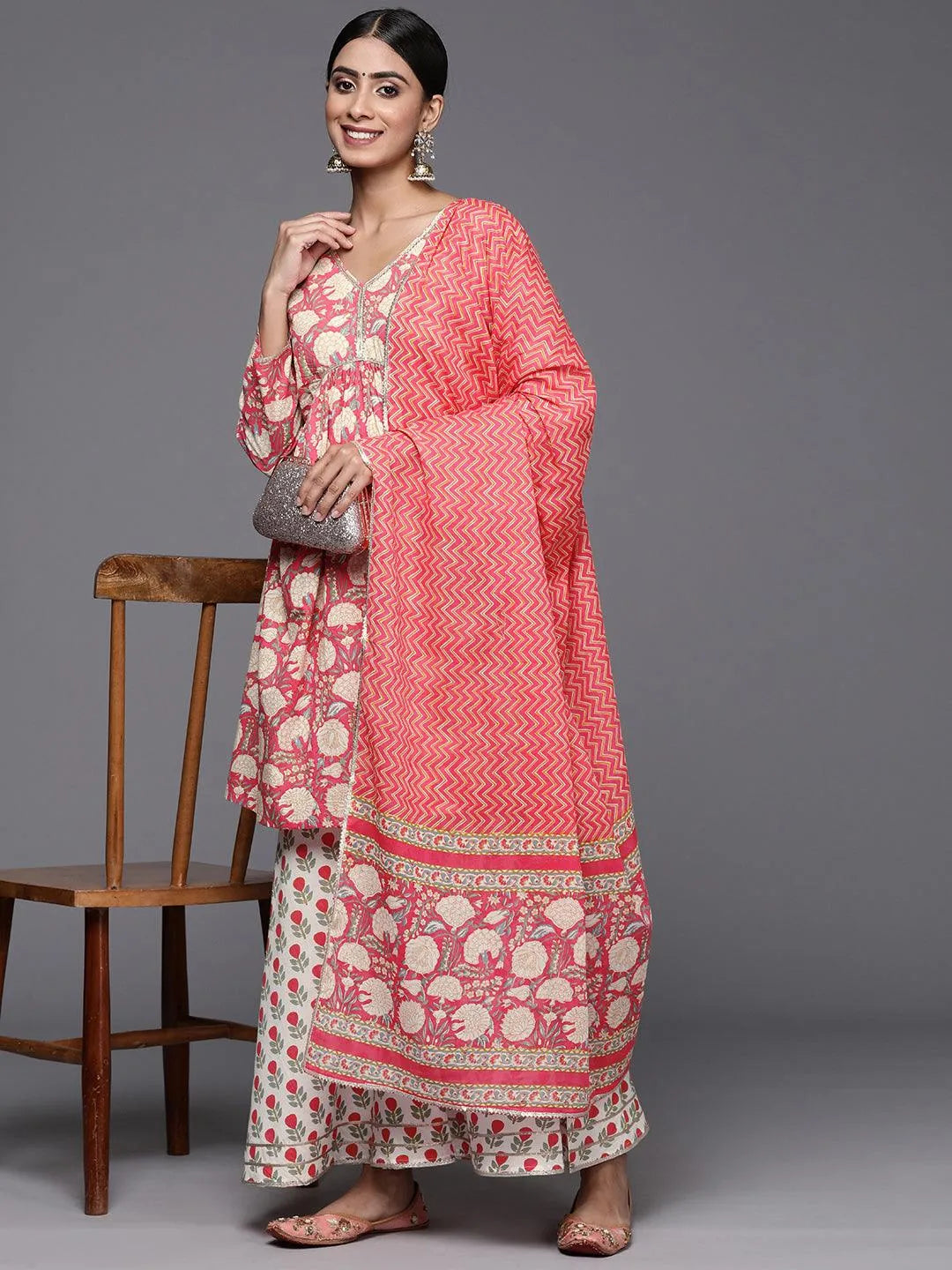 Coral Printed Cotton A-Line Kurti With Sharara & Dupatta - Libas