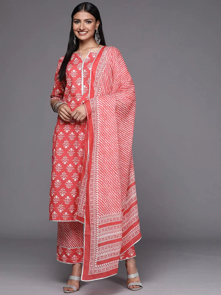 Coral Printed Cotton Straight Suit Set - Libas