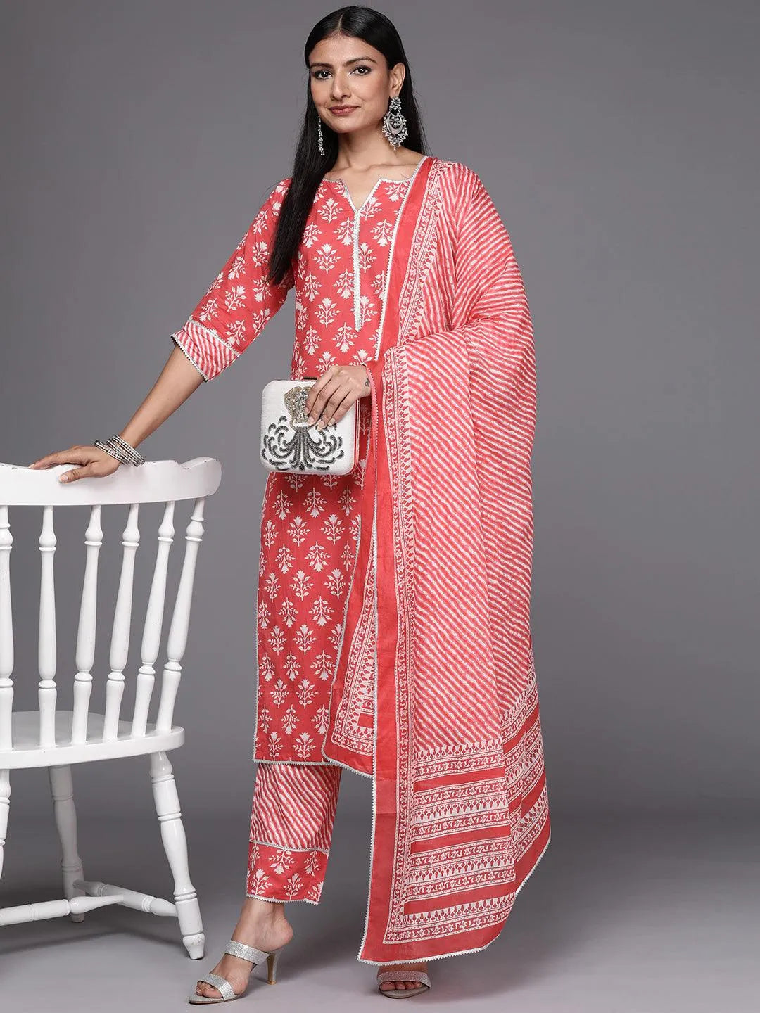 Coral Printed Cotton Straight Suit Set - Libas