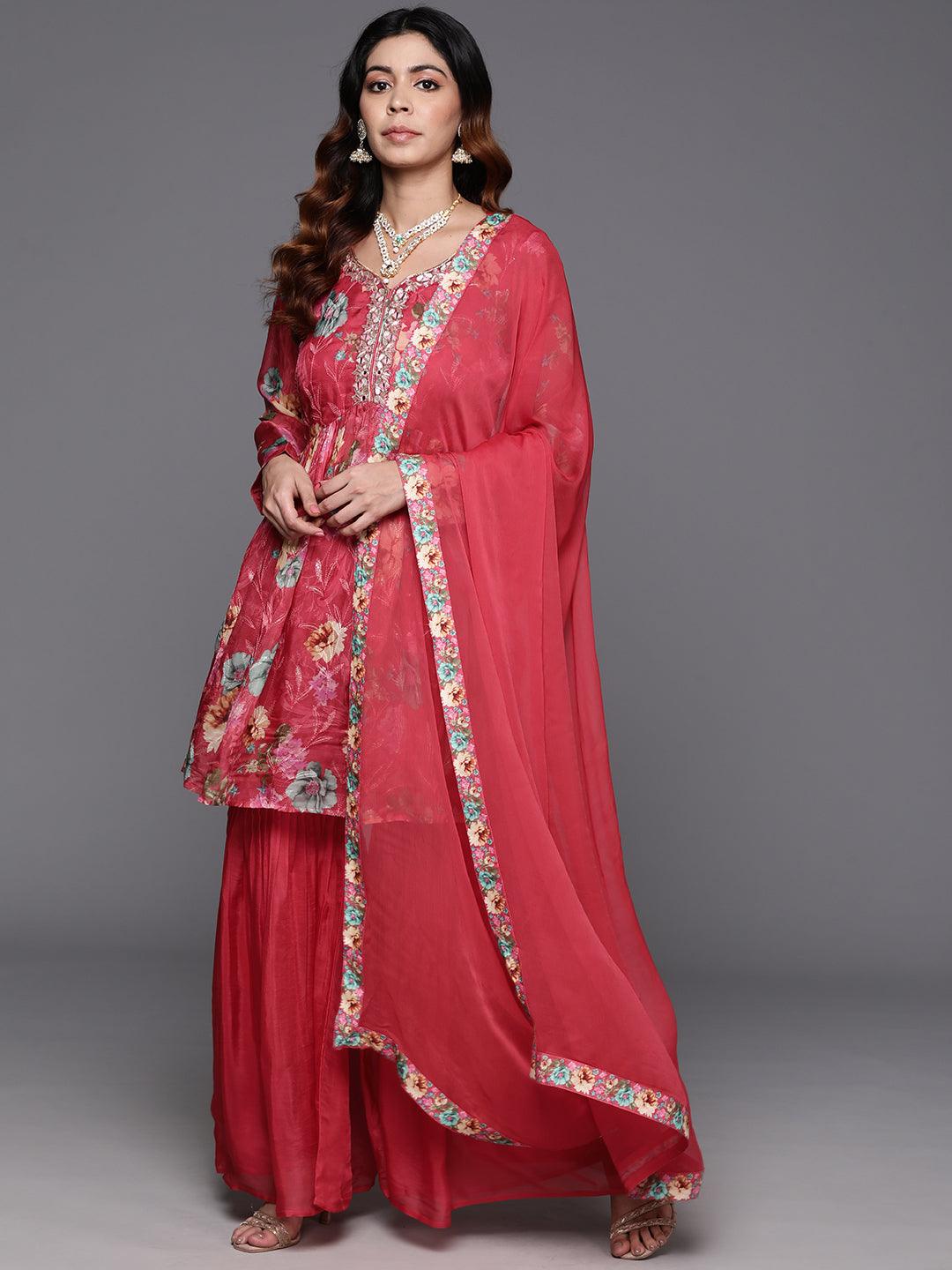 Coral Printed Organza A-Line Kurta With Sharara & Dupatta - Libas