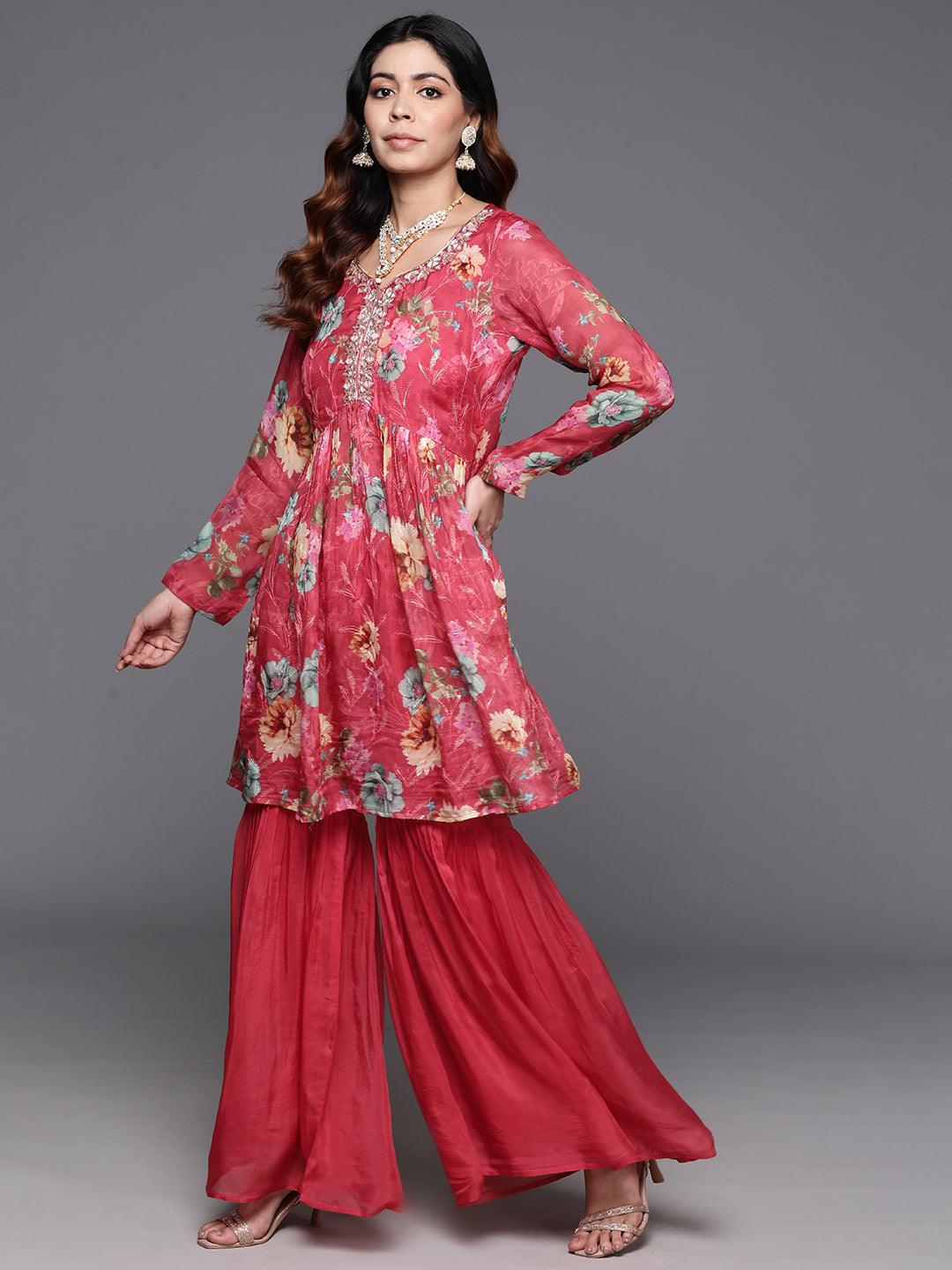 Coral Printed Organza A-Line Kurta With Sharara & Dupatta - Libas