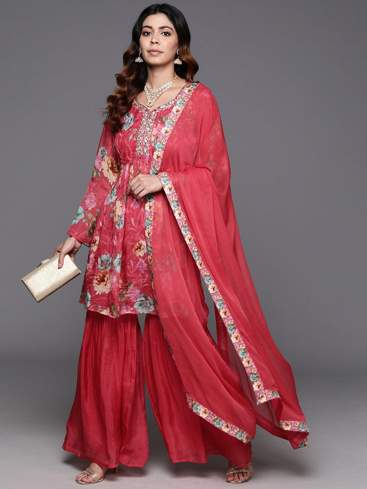 Coral Printed Organza A-Line Kurta With Sharara & Dupatta - Libas