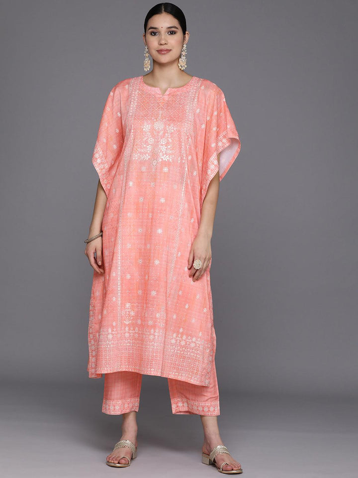 Coral Printed Silk Blend Kaftan Kurta Set With Trousers - Libas