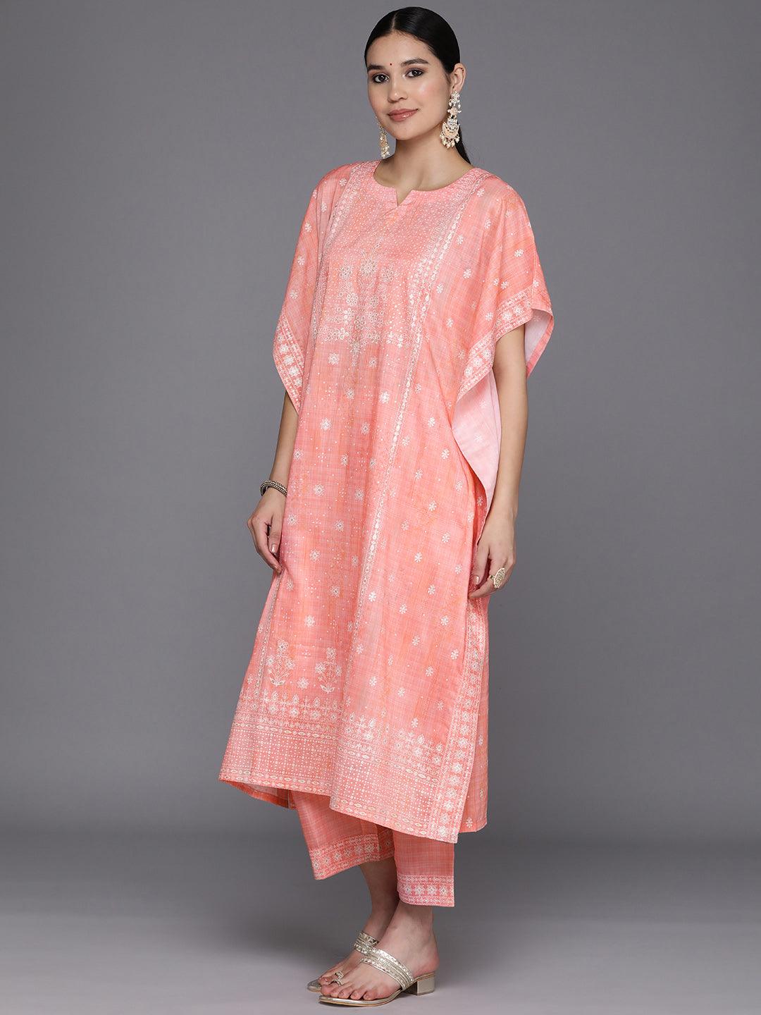 Coral Printed Silk Blend Kaftan Kurta Set With Trousers - Libas 