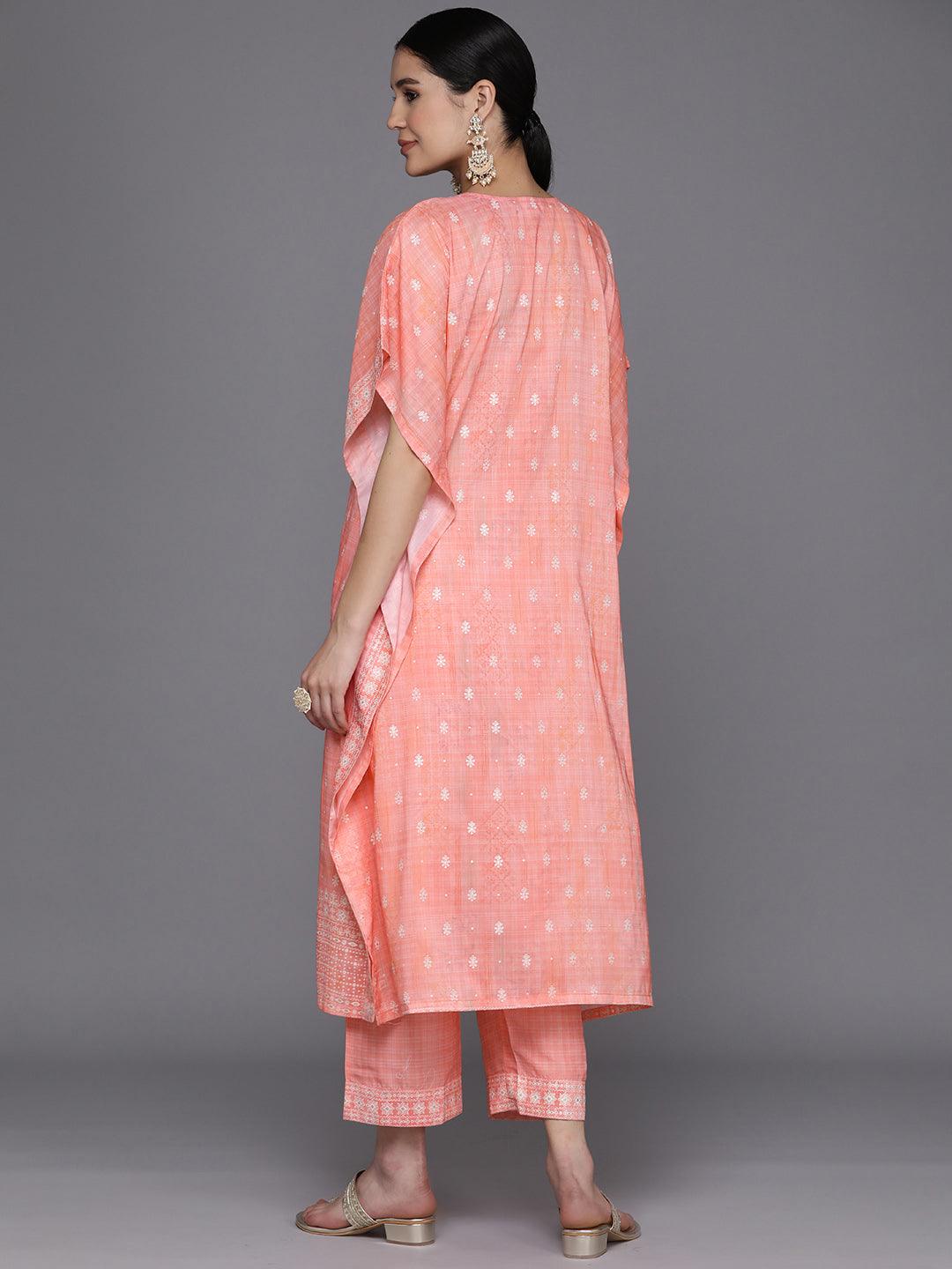 Coral Printed Silk Blend Kaftan Kurta Set With Trousers - Libas 