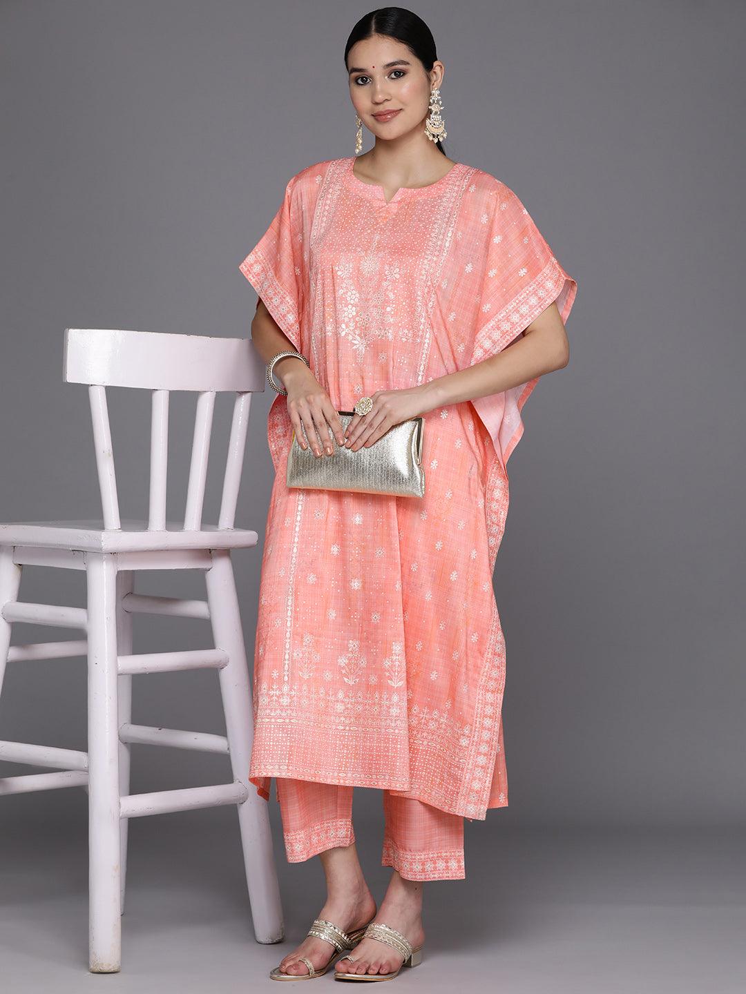 Coral Printed Silk Blend Kaftan Kurta Set With Trousers - Libas 