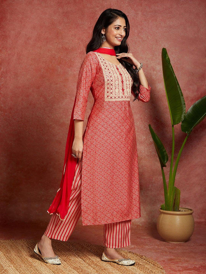 Coral Printed Silk Blend Straight Kurta With Palazzos & Dupatta - Libas