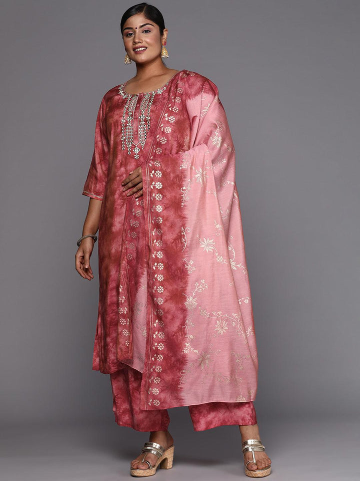 Coral Printed Silk Blend Straight Kurta With Trousers & Dupatta - Libas