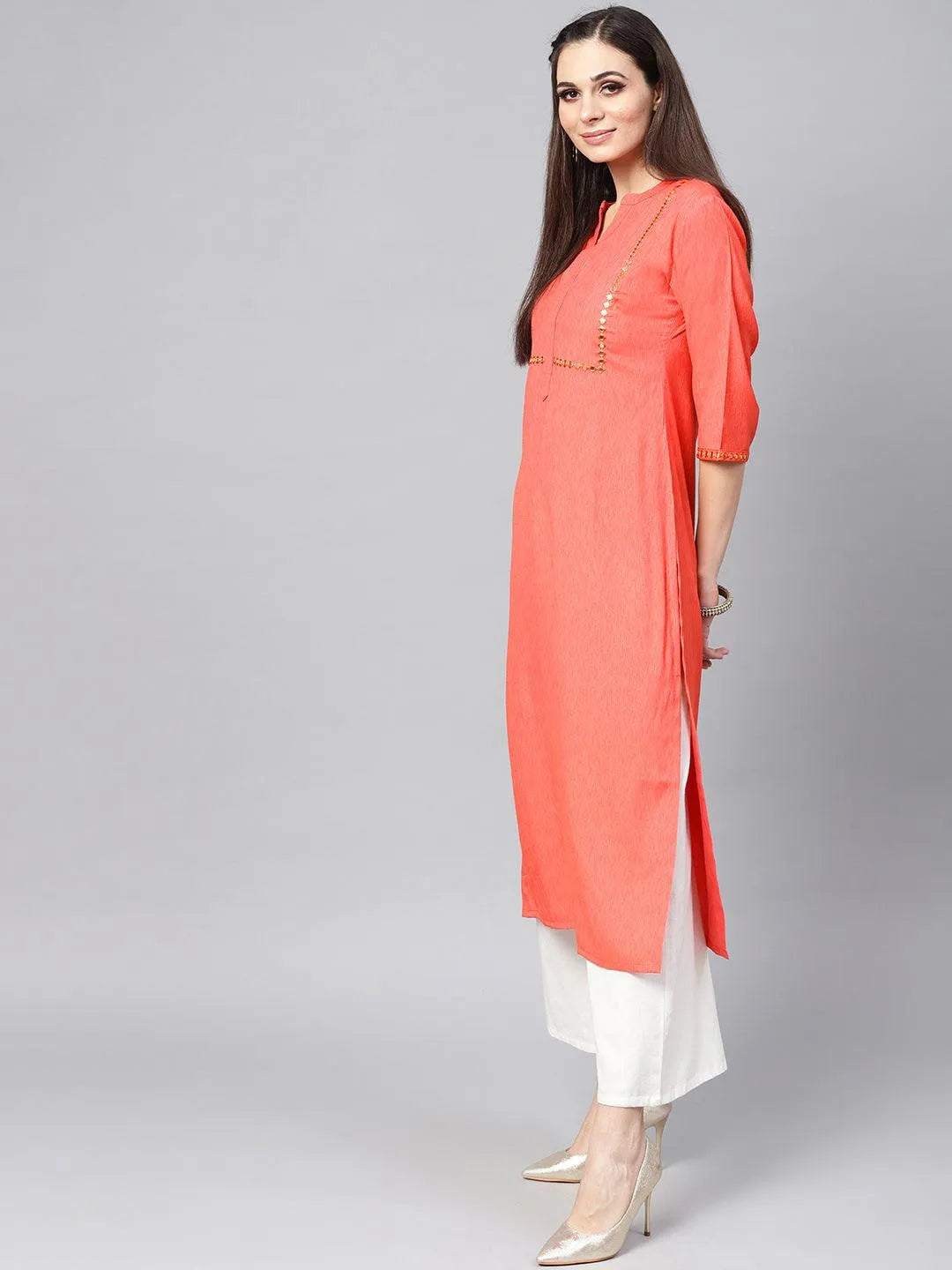 Coral Solid Cotton Kurta - Libas