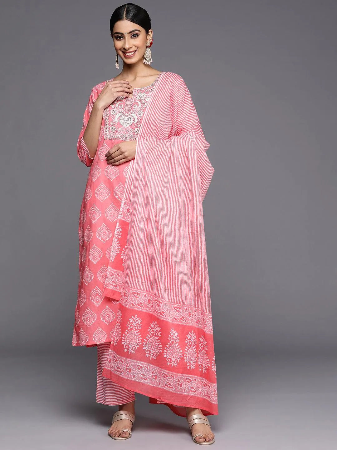 Coral Yoke Design Cotton Straight Suit Set With Trousers - Libas 