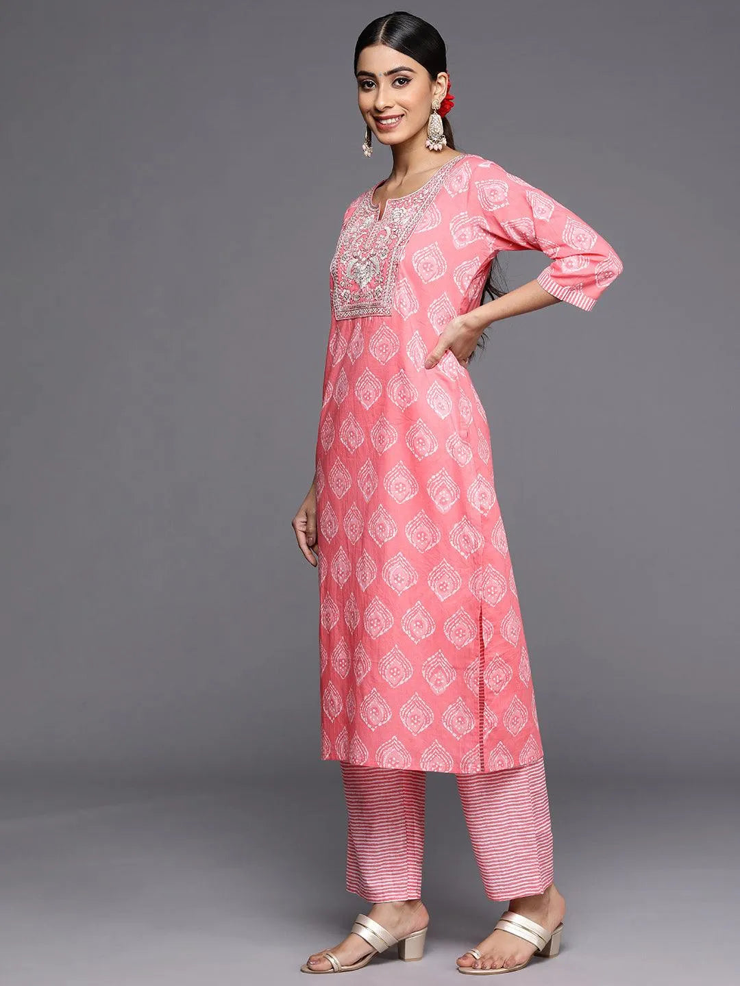 Coral Yoke Design Cotton Straight Suit Set With Trousers - Libas 