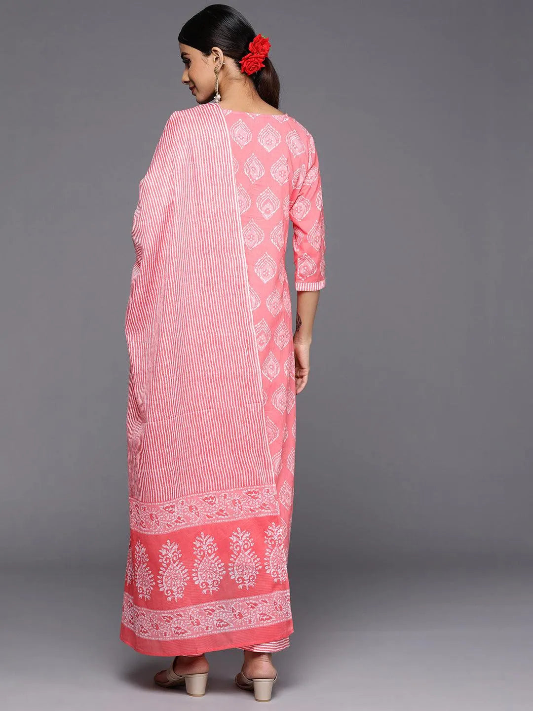 Coral Yoke Design Cotton Straight Suit Set With Trousers - Libas